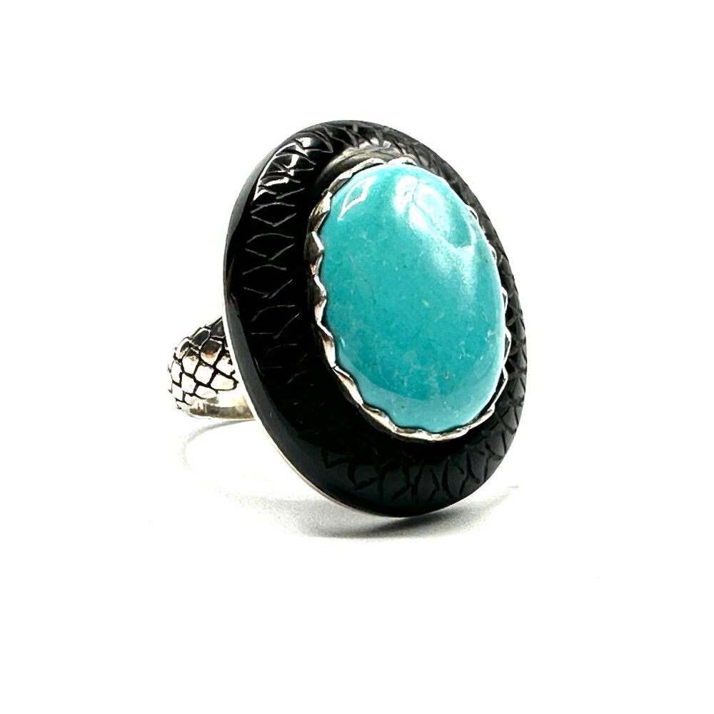 Sterling Silver Turquoise & Etched Onyx Statement Ring—Bold Snakeskin Pattern